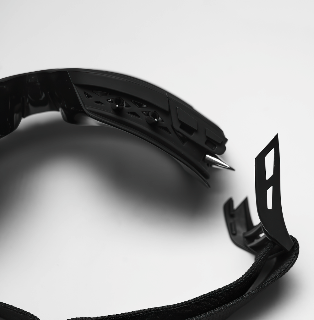 Black spiked punk glasses showcasing adjustable strap and unique design perfect for cyberpunk style.