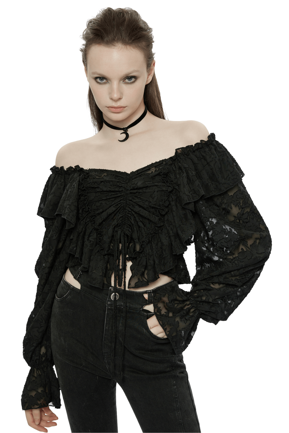 Black Square Neck Sheer Lace Top with Ruffle Sleeves