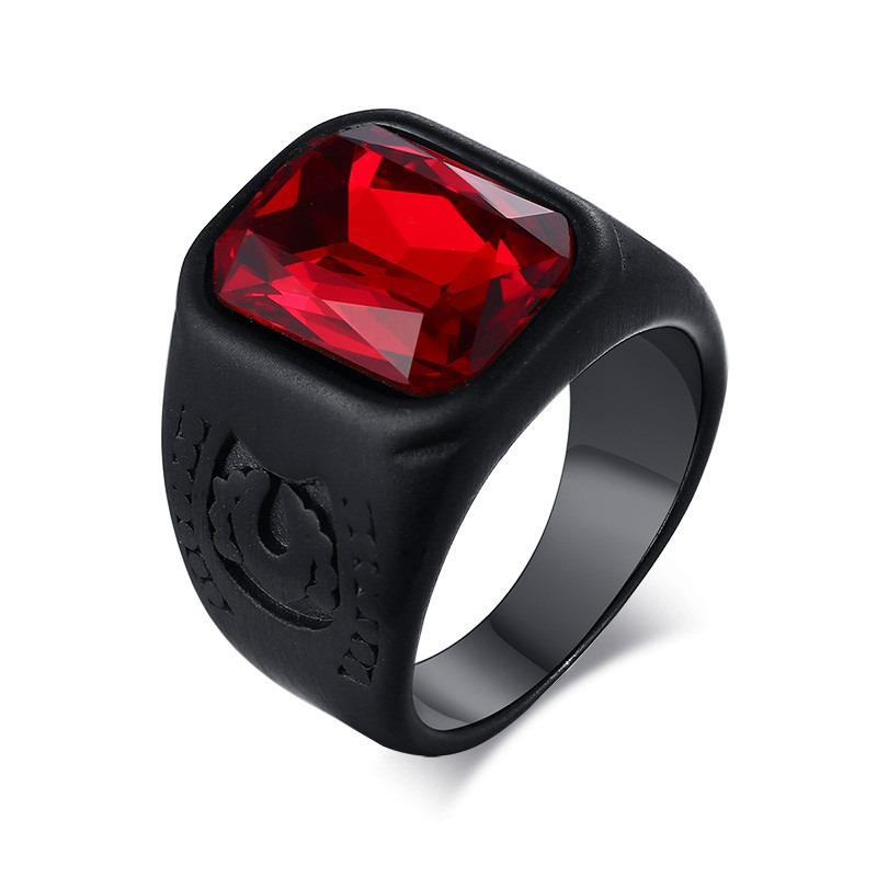 Black Stainless Steel Ring With Red Jewelry Glass / Cool Men's And Women's Finger Accessories - HARD'N'HEAVY