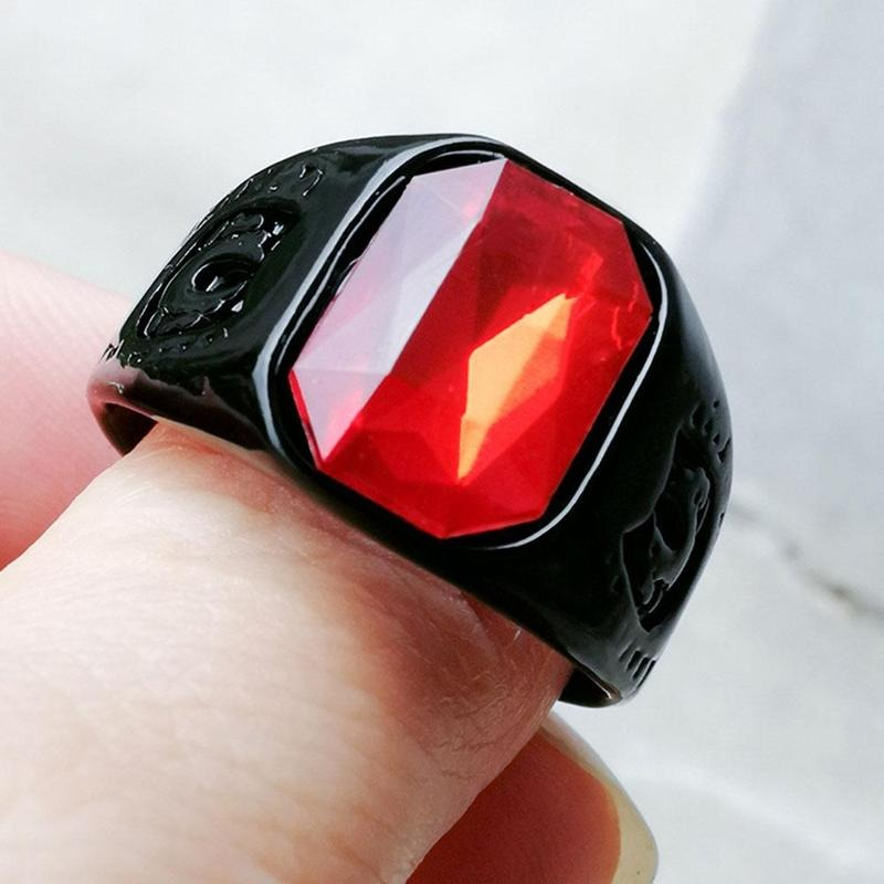 Black Stainless Steel Ring With Red Jewelry Glass / Cool Men's And Women's Finger Accessories - HARD'N'HEAVY