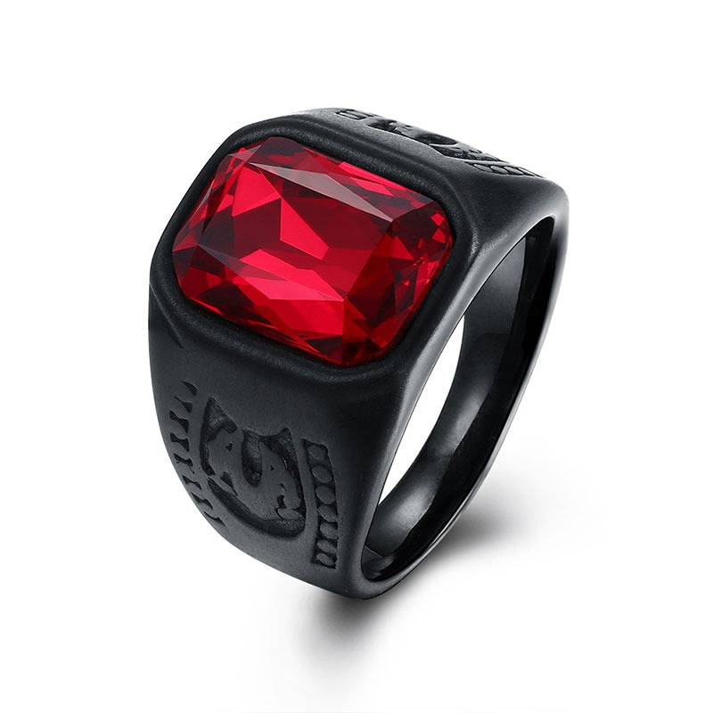 Black Stainless Steel Ring With Red Jewelry Glass / Cool Men's And Women's Finger Accessories - HARD'N'HEAVY