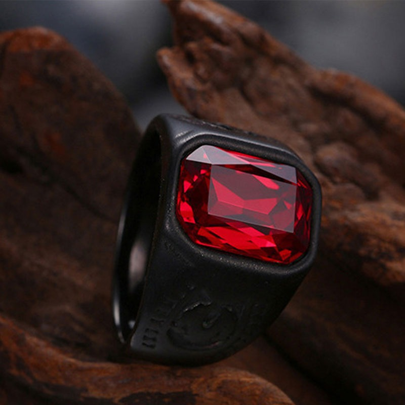 Black Stainless Steel Ring With Red Jewelry Glass / Cool Men's And Women's Finger Accessories - HARD'N'HEAVY