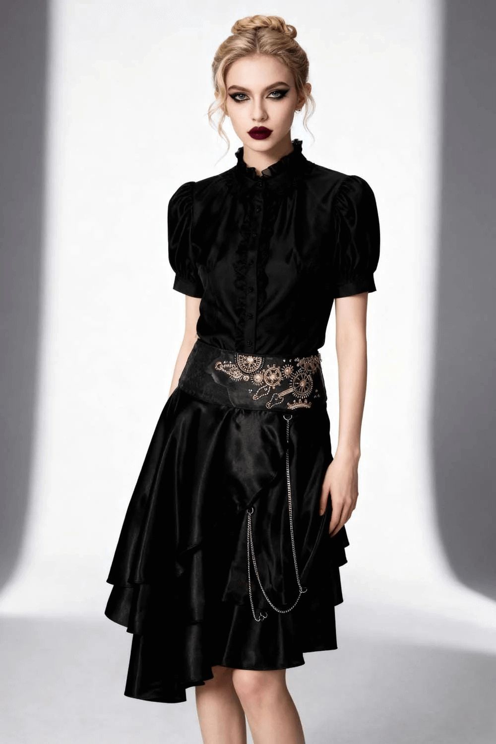 Alt Tag: Black Steampunk Asymmetrical Layered Skirt with Chains, black gothic Victorian high-low layered skirt with embroidered waist and dangling chain accents