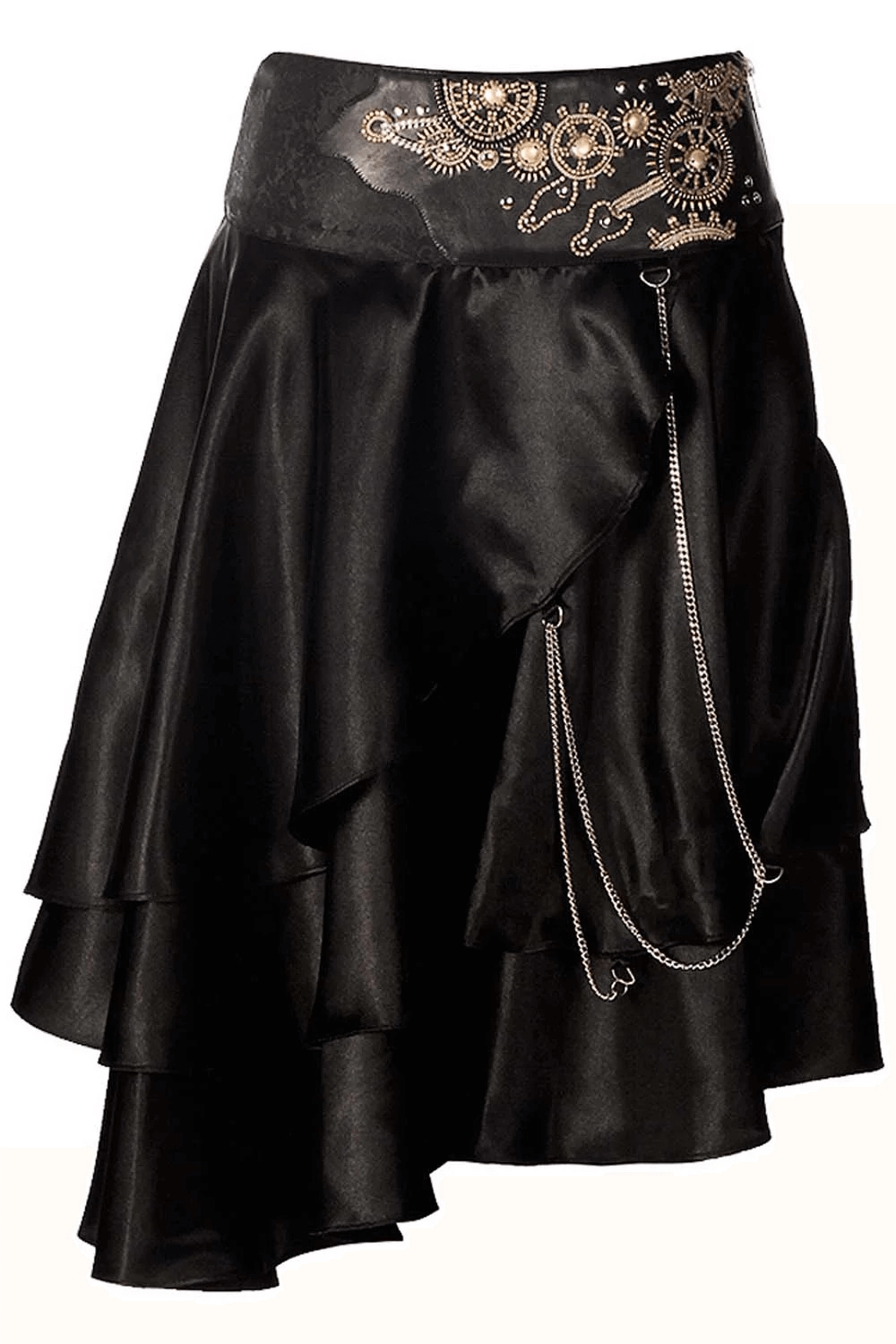 Alt Tag: Black Steampunk Asymmetrical Layered Skirt with Chains, gothic Victorian high low hem, embroidered waist, cascading panels