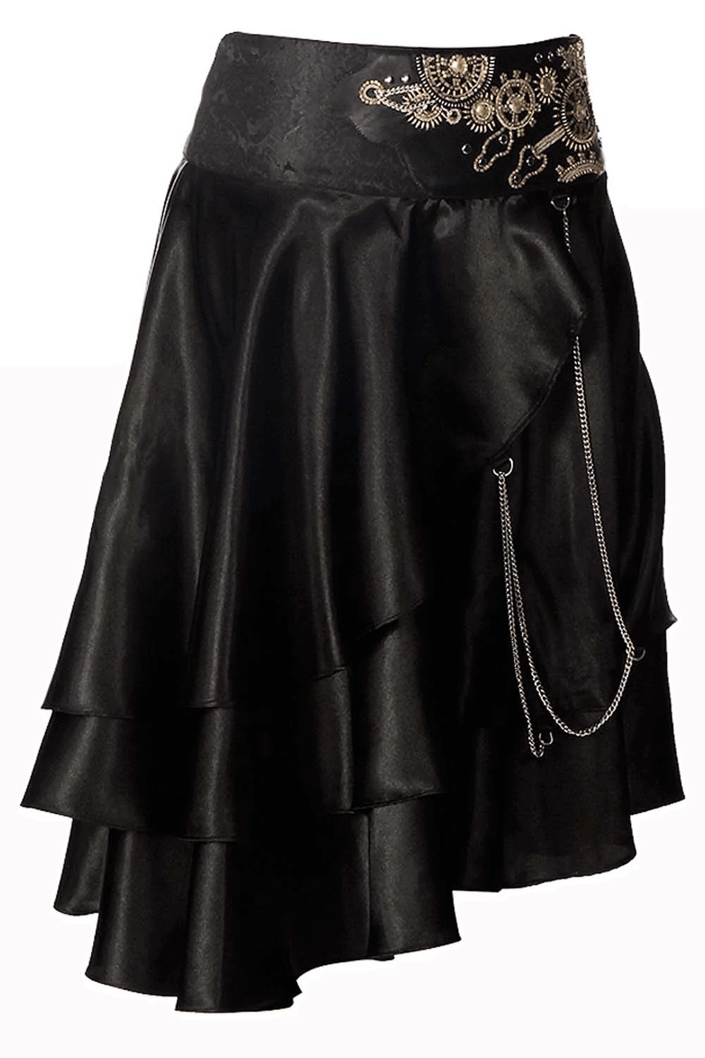 Alt Tag: Black Steampunk Asymmetrical Layered Skirt with Chains, black gothic Victorian high-low skirt with embroidered waist and draped chains