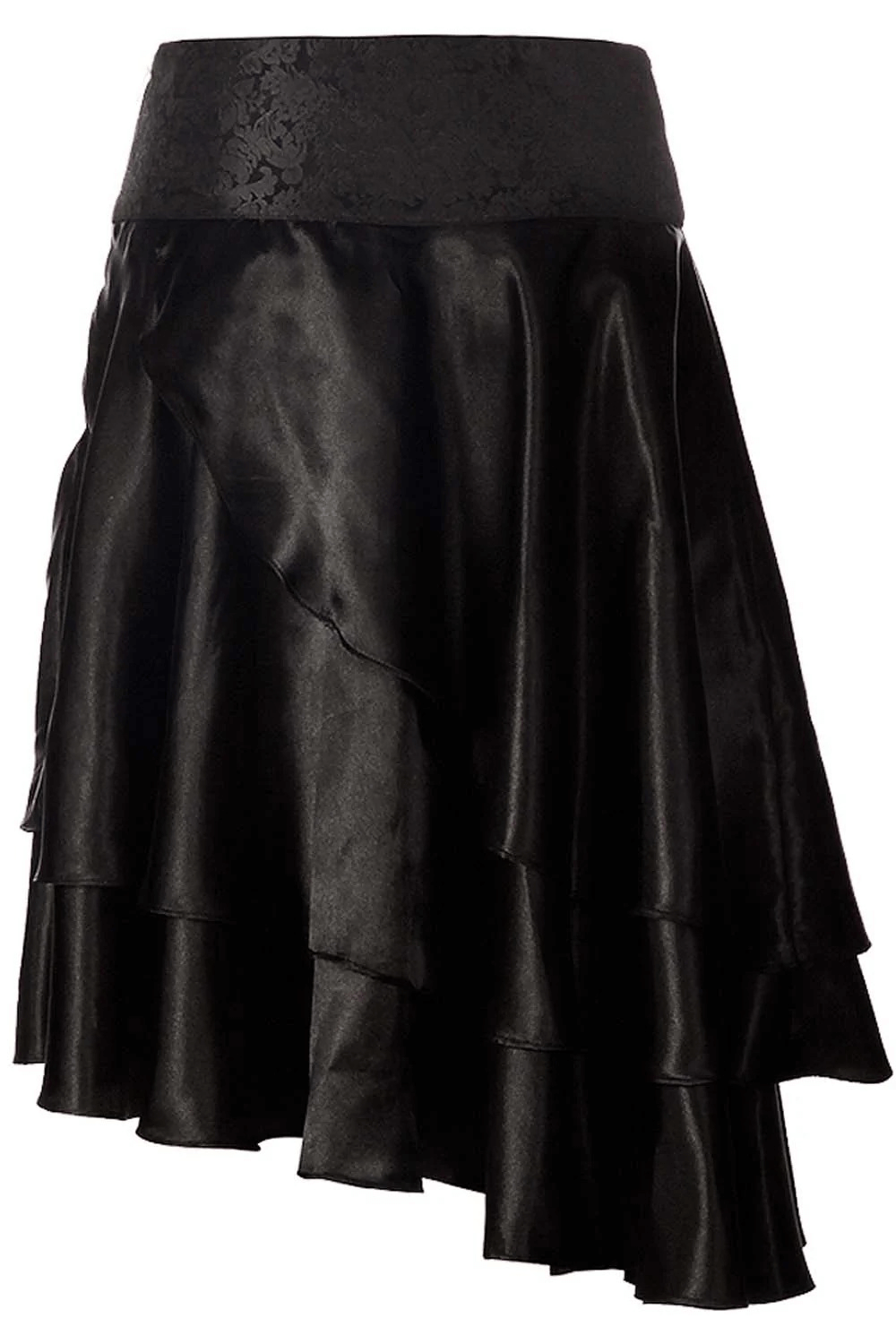 Alt Tag: Black Steampunk Asymmetrical Layered Skirt with Chains, black gothic Victorian high-low layered skirt with embroidered waist and flowing panels