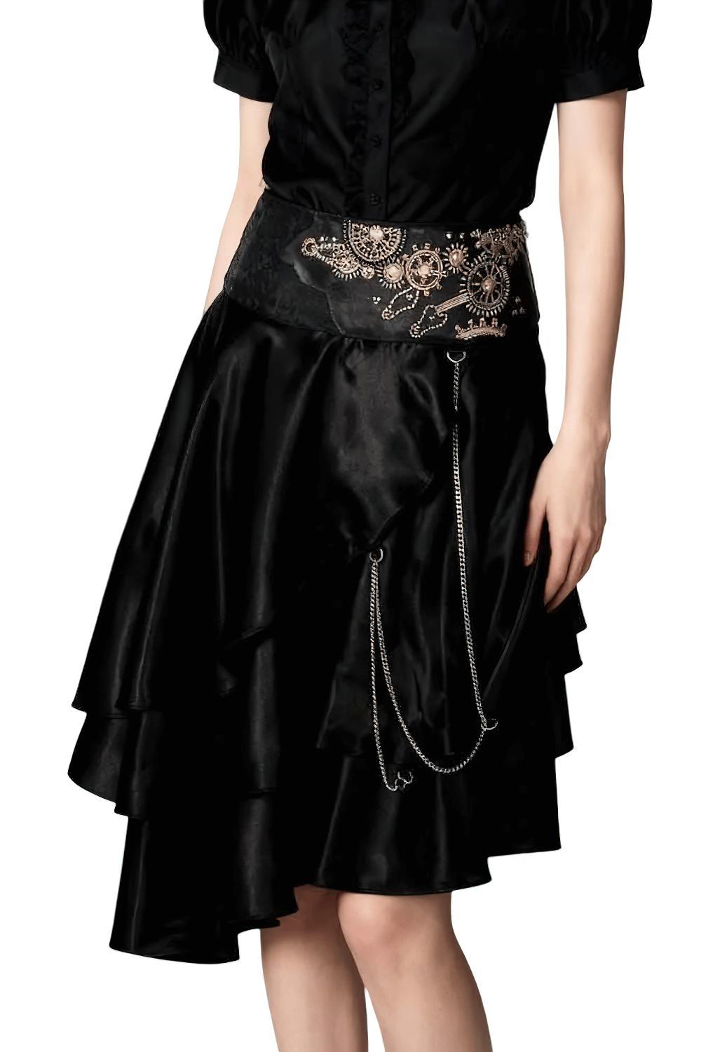 Alt Tag: Black Steampunk Asymmetrical Layered Skirt with Chains, black gothic Victorian high-low skirt with embroidered waistband and dangling chain details