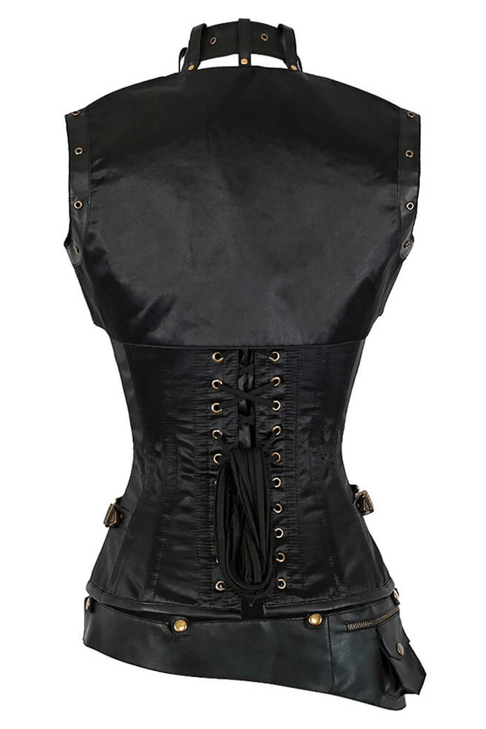 Alt Tag: Black Steampunk Corset with Shrug and Belt Pouch for Cosplay back view, steel-boned overbust with lacing and brass hardware