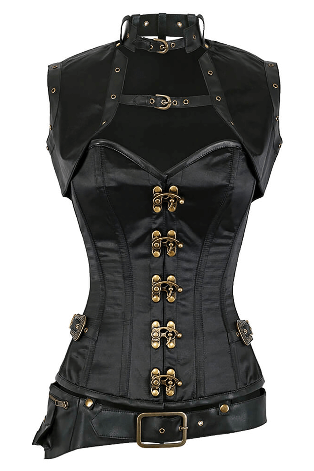 Alt Tag: Black Steampunk Corset with Shrug and Belt Pouch for Cosplay with brass clasps, steel boning, adjustable lacing
