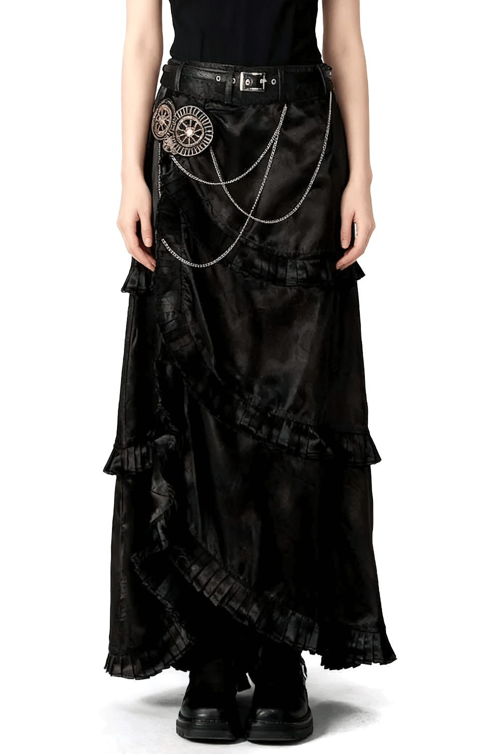 Alt Tag: Black Steampunk Layered High Low Skirt with Chain Detail gothic Victorian asymmetrical maxi skirt with belt, layered panels and chain accents