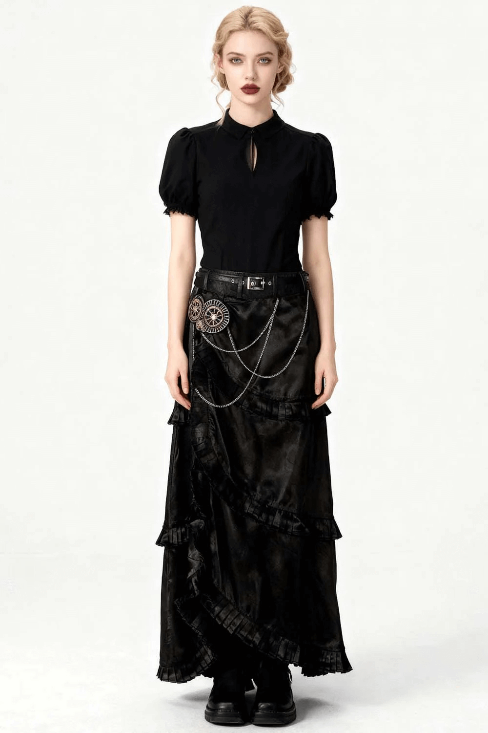 Alt Tag: Black Steampunk Layered High Low Skirt with Chain Detail worn by model, gothic Victorian asymmetrical maxi skirt with belt and layered panels
