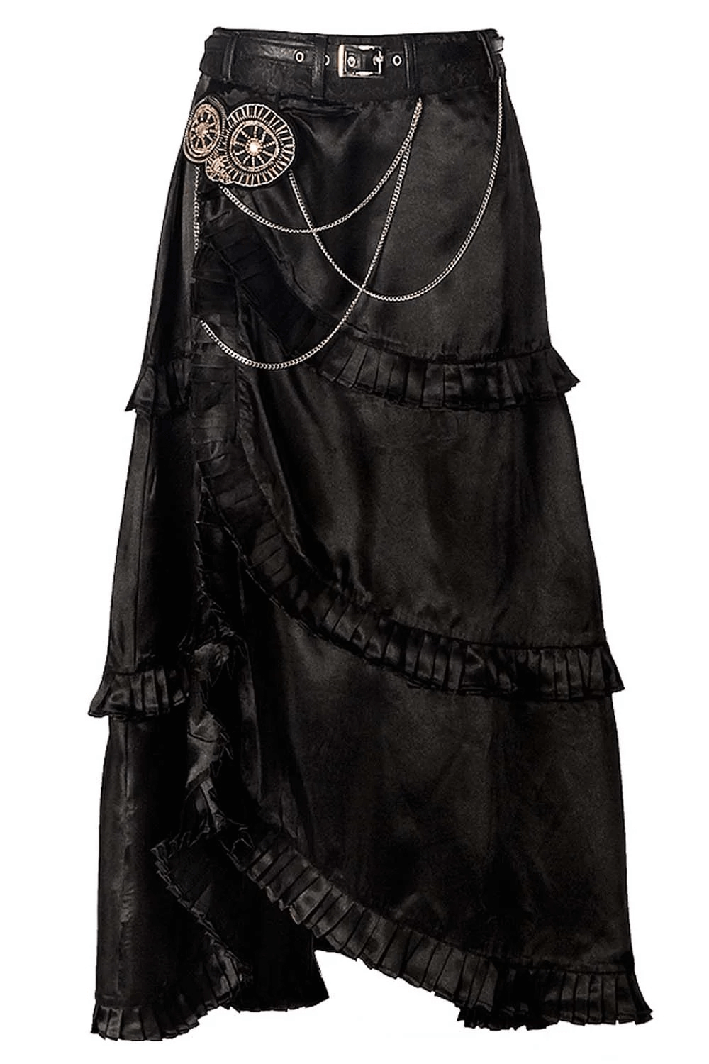 Alt Tag: Black Steampunk Layered High Low Skirt with Chain Detail, gothic Victorian asymmetrical maxi skirt with belt and cascading ruffles