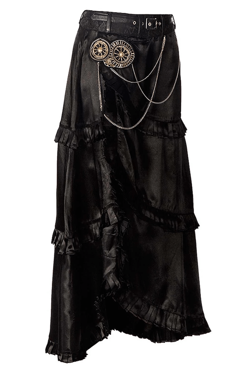 Alt Tag: Black Steampunk Layered High Low Skirt with Chain Detail gothic Victorian asymmetrical maxi skirt with belt, layered ruffles