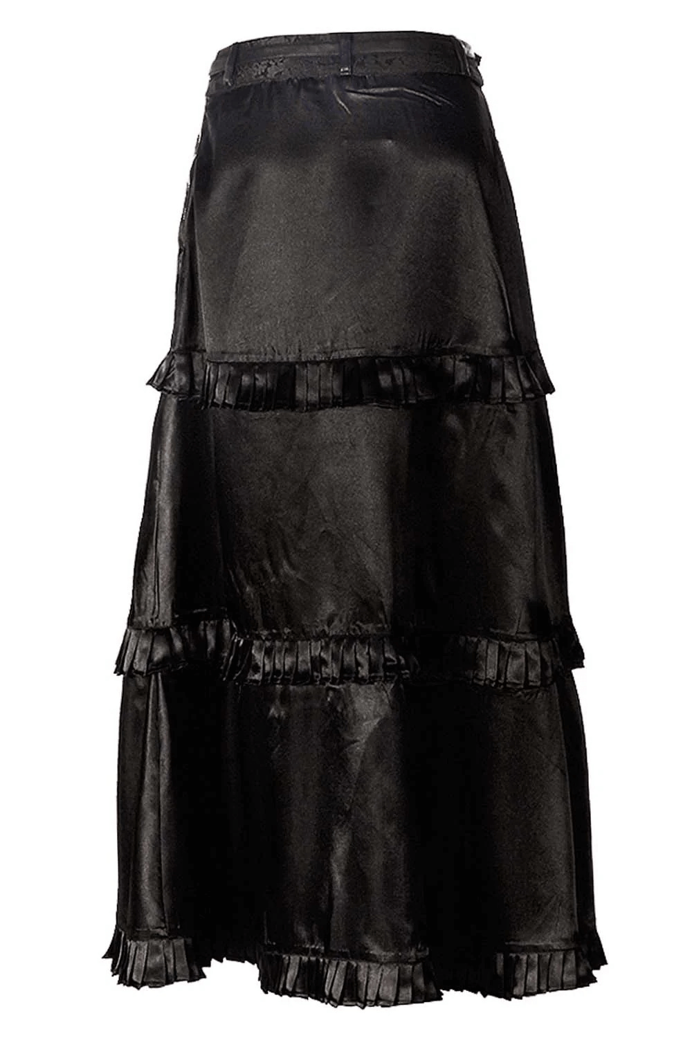 Alt Tag: Black Steampunk Layered High Low Skirt with Chain Detail black gothic Victorian asymmetrical maxi skirt with belt, layered ruffle trim