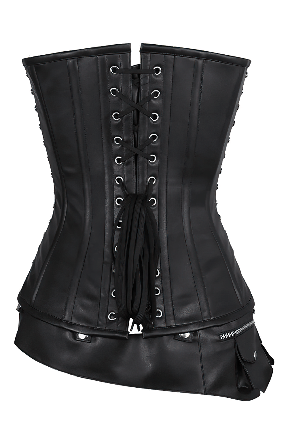 Alt Tag: Black Steampunk Overbust Corset With Belt Detail back view, black steel-boned gothic corset with lace-up closure and pouch belt