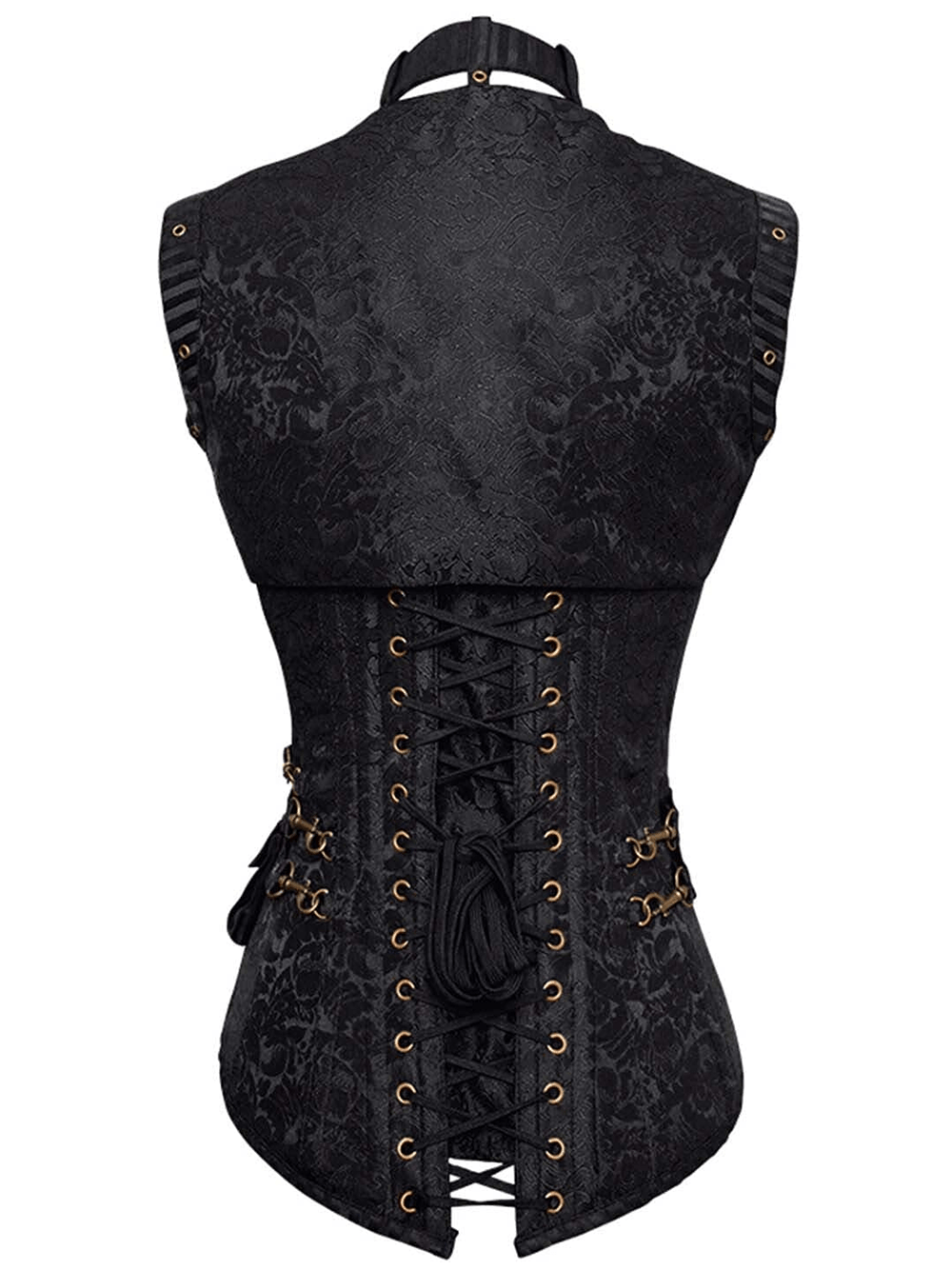 Black Steampunk Overbust Corset with Harness Detail featuring a laced back and ornamental brass hardware.