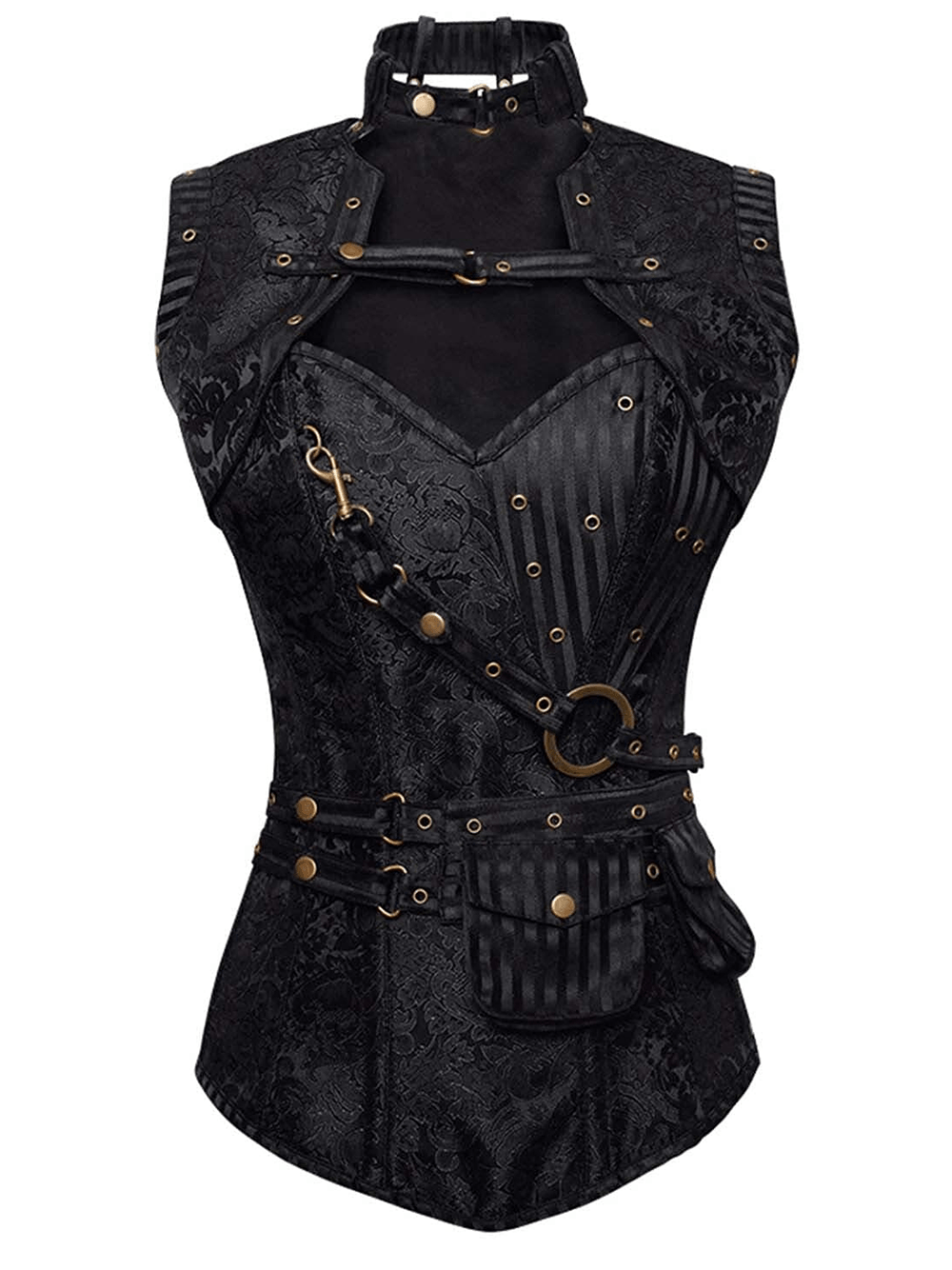 Black Steampunk Overbust Corset with Harness Detail featuring brass accents and a gothic design.