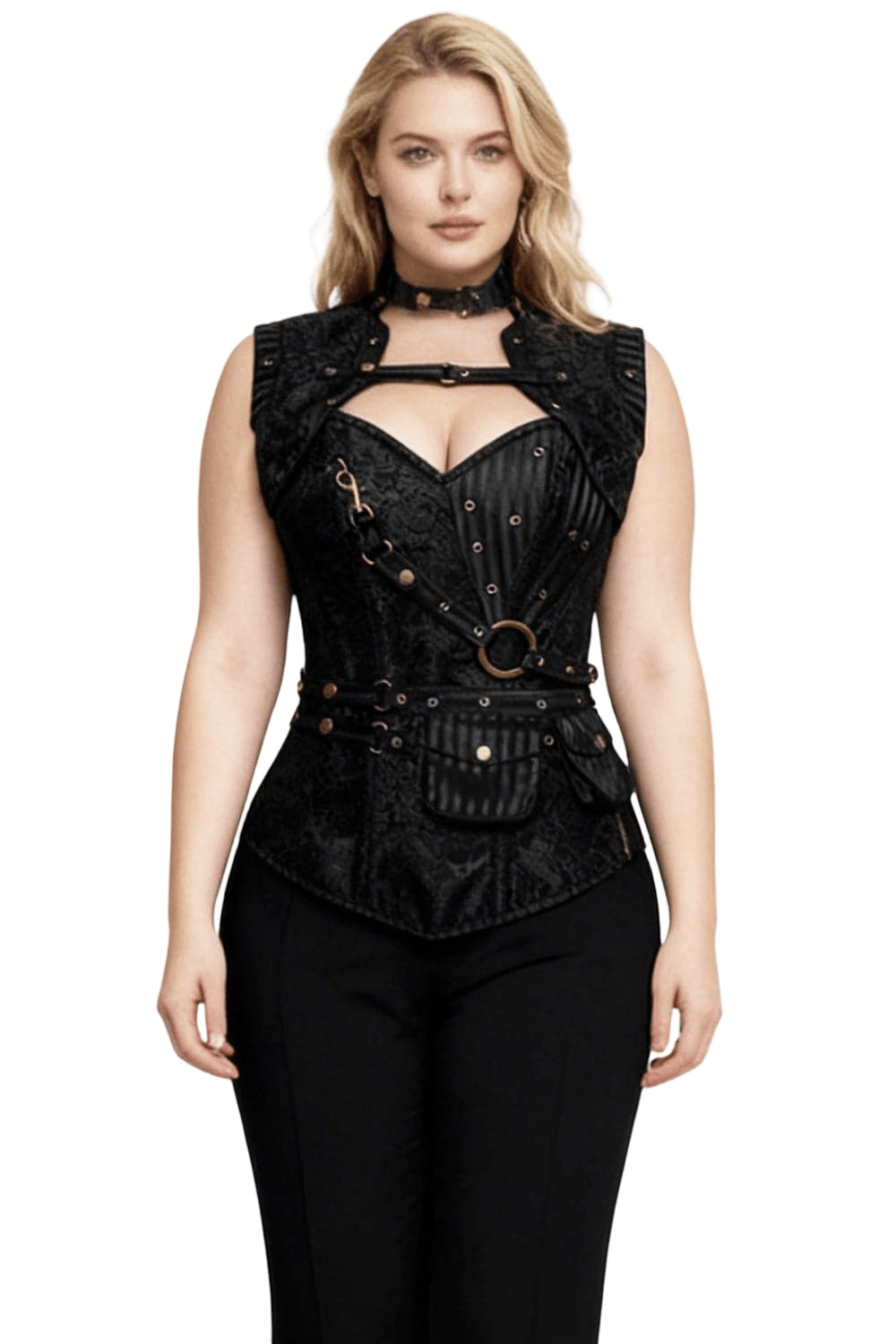 Black Steampunk Overbust Corset with Harness Detail showcasing a stylish gothic look and brass hardware accents.