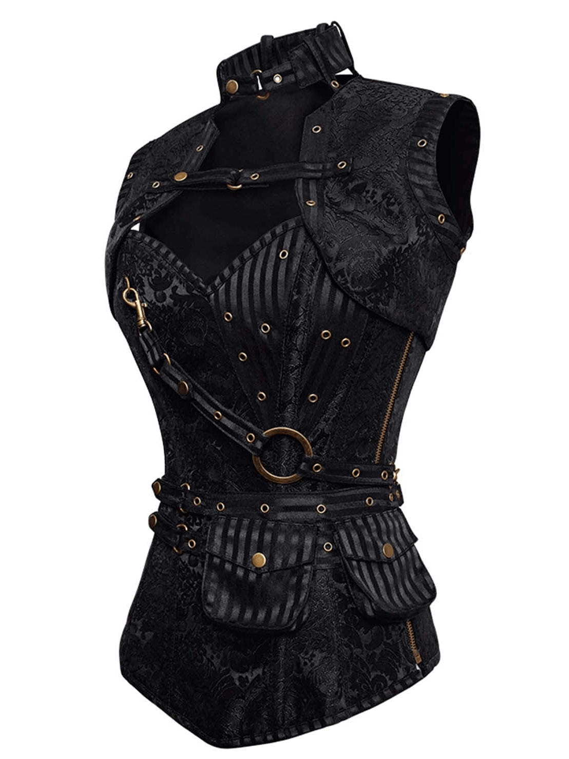 Black Steampunk Overbust Corset with Harness Detail featuring brass hardware and layered gothic design.
