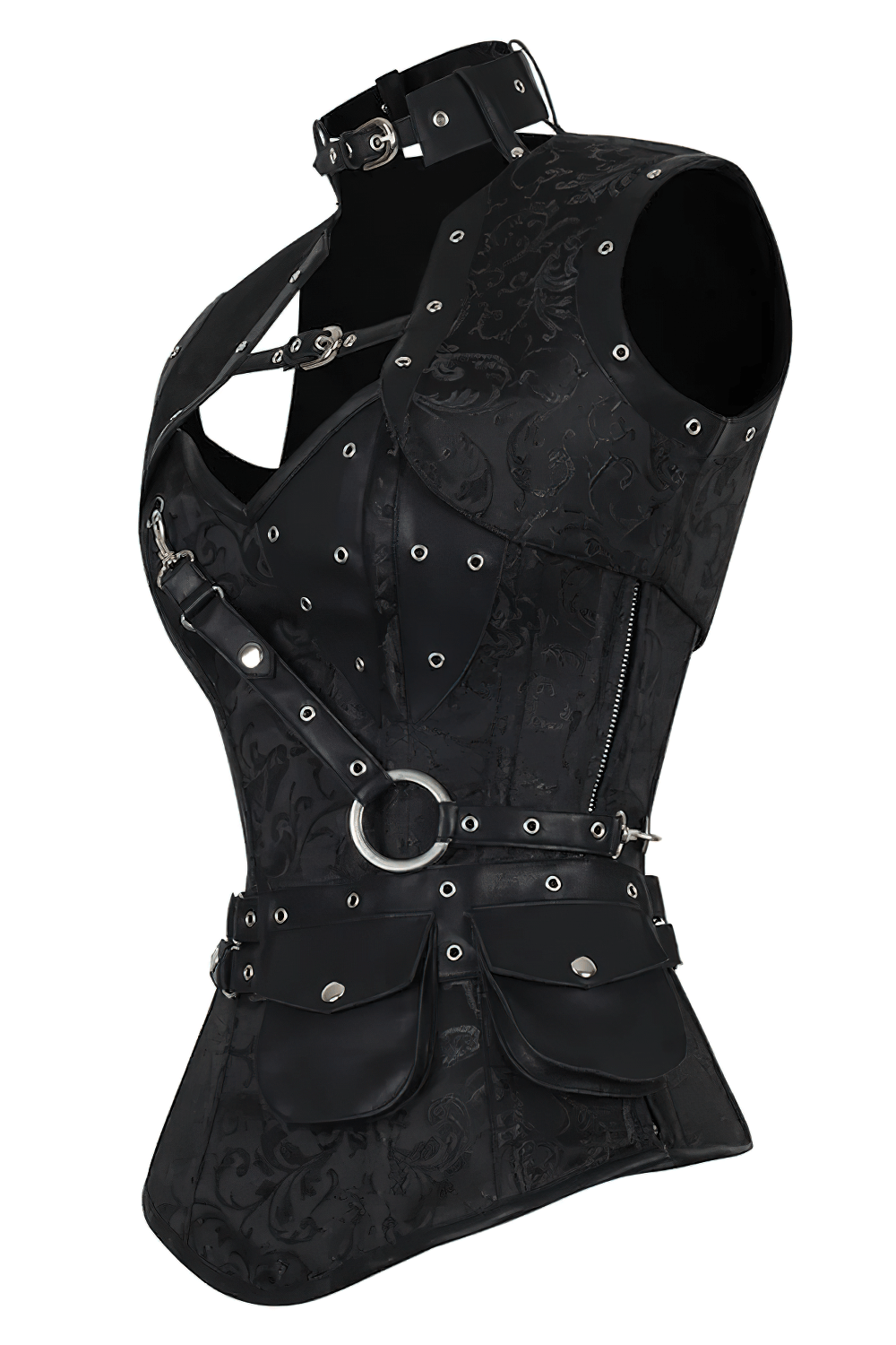 Alt Tag: Black Steampunk Overbust Corset With Pouch Belt, gothic brocade bustier with side zipper, faux leather straps and detachable pouch belt