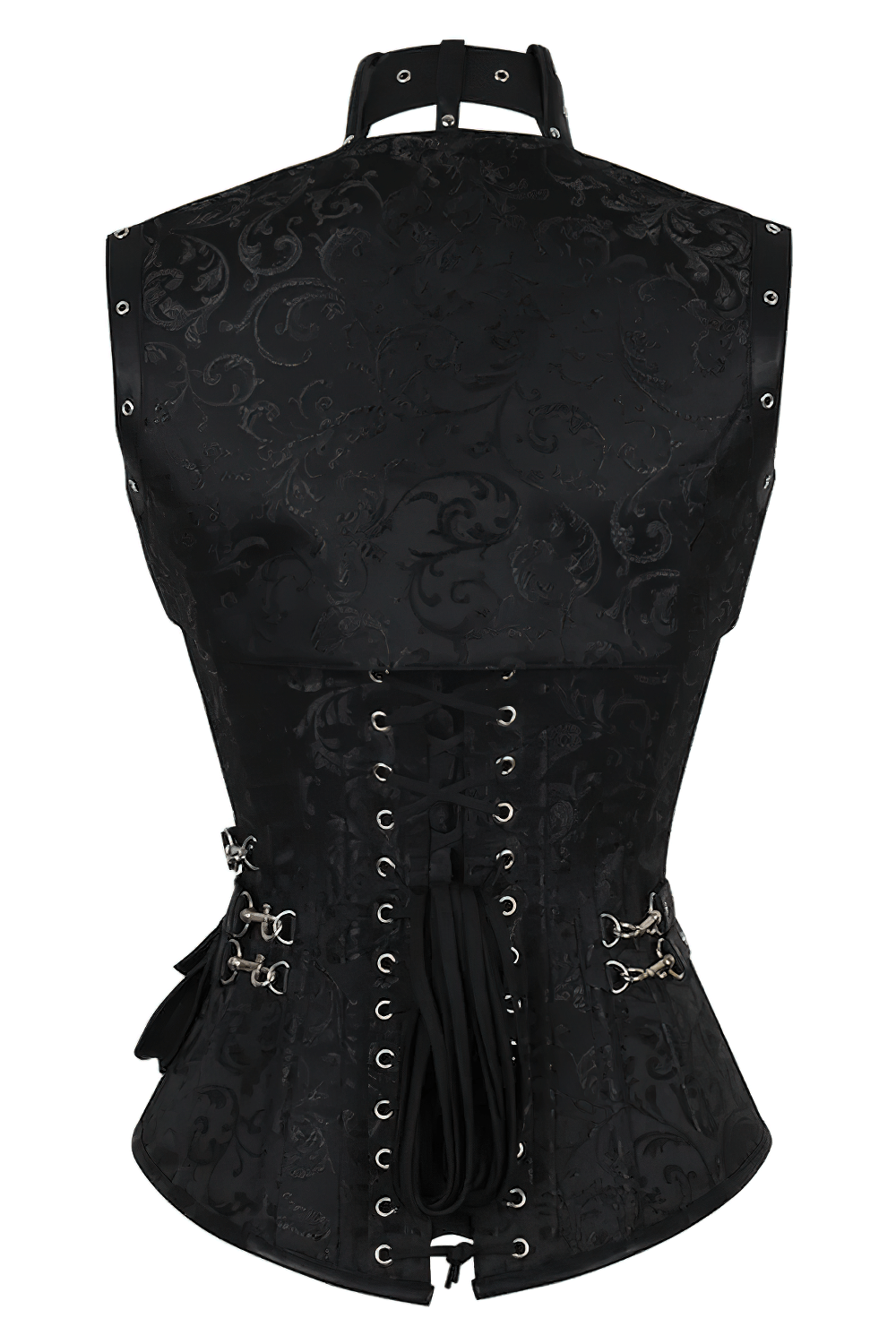 Alt Tag: Back view of Black Steampunk Overbust Corset With Pouch Belt, black brocade with lace-up panel and metal hardware