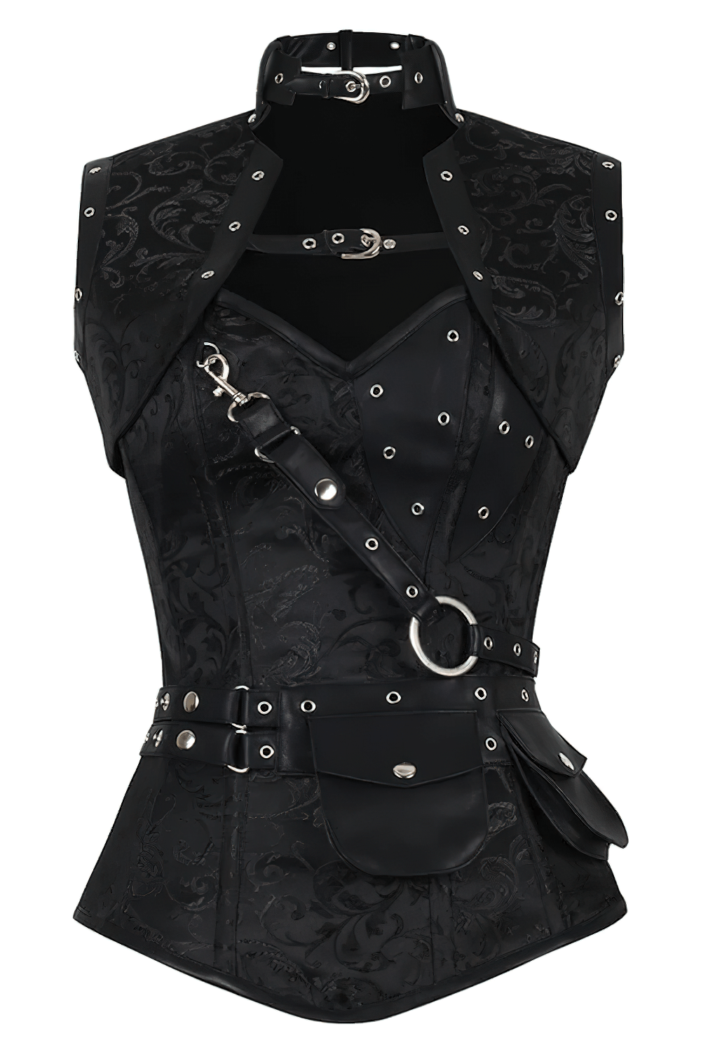 Alt Tag: Black Steampunk Overbust Corset With Pouch Belt, gothic brocade bustier with zipper, hardware straps, and detachable belt pouch