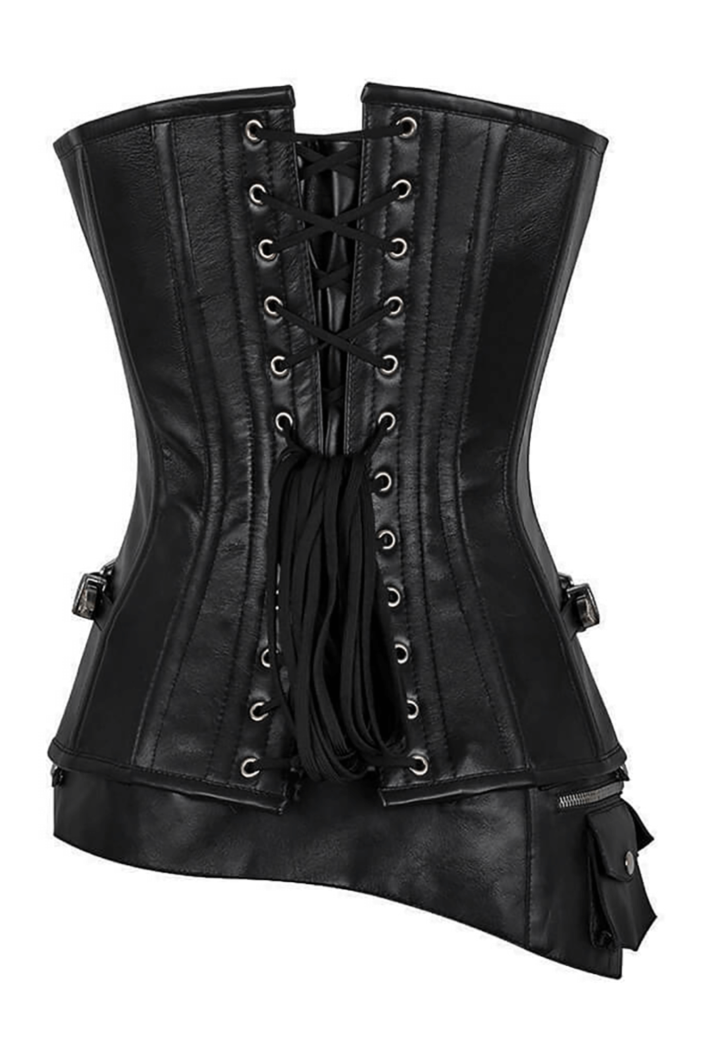 Alt Tag: Black Steampunk Overbust Corset with Pouch Belt and Buckles back view, black gothic corset with adjustable lace-up detailing