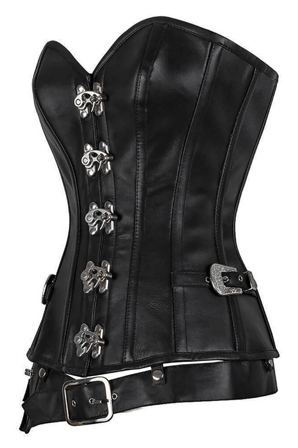 Alt Tag: Black Steampunk Overbust Corset with Pouch Belt and Buckles with metal clasp front, gothic black corset, buckle belt detail