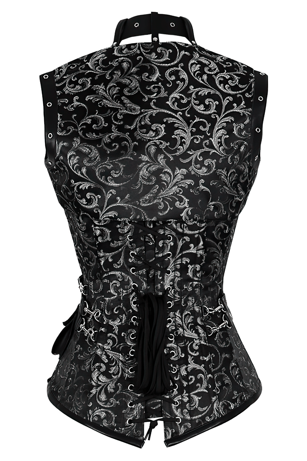 Alt Tag: Black Steampunk Overbust Corset with Shrug Outfit back view, black & silver brocade, lace-up steel-boned waist cincher