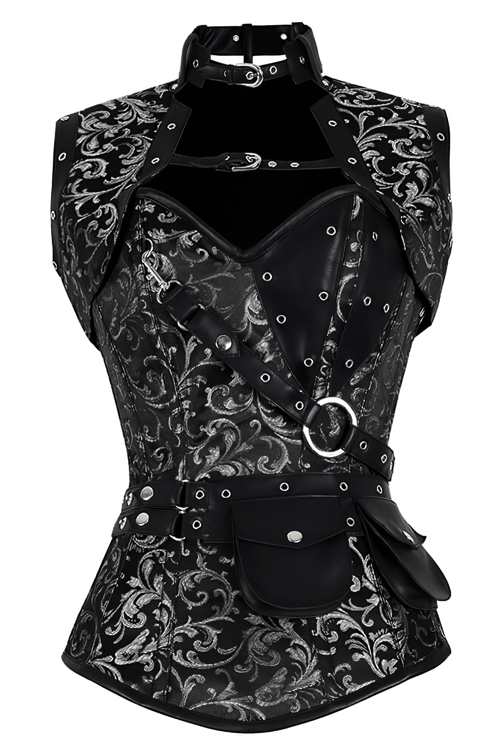 Alt Tag: Black Steampunk Overbust Corset with Shrug Outfit in black and silver brocade, straps, metal hardware, and utility pouch