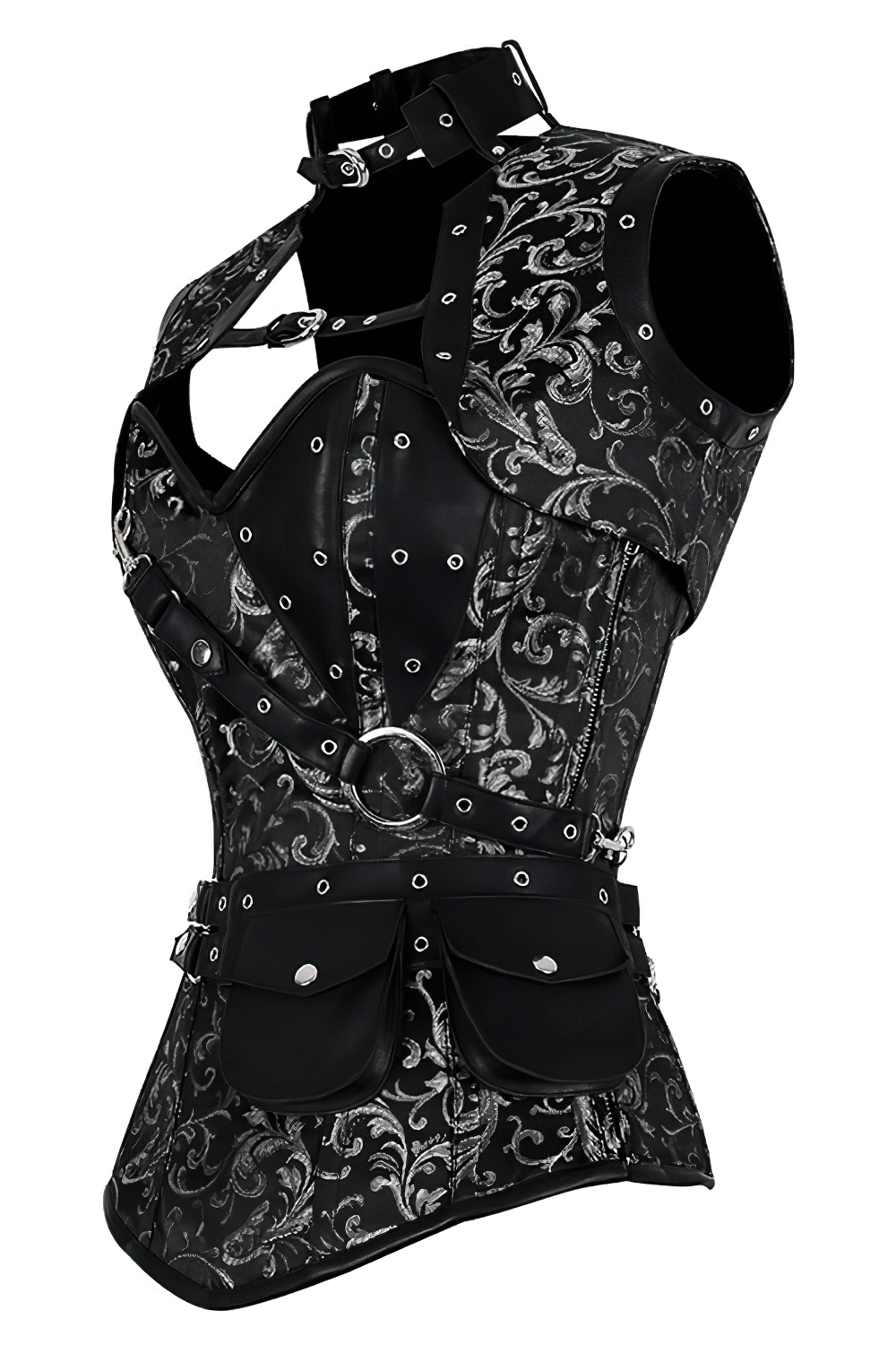 Alt Tag: Black Steampunk Overbust Corset with Shrug Outfit, black & silver brocade corset vest with straps, metal hardware, and utility pouches