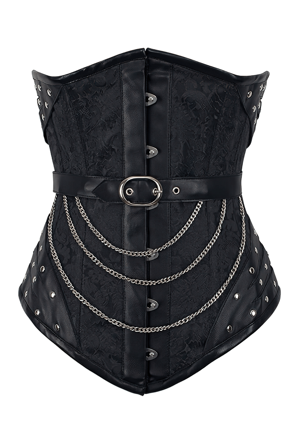 Alt Tag: Black Steampunk Underbust Corset with Chains Detail black gothic Victorian waist trainer with steel boning, buckle belt, rivets