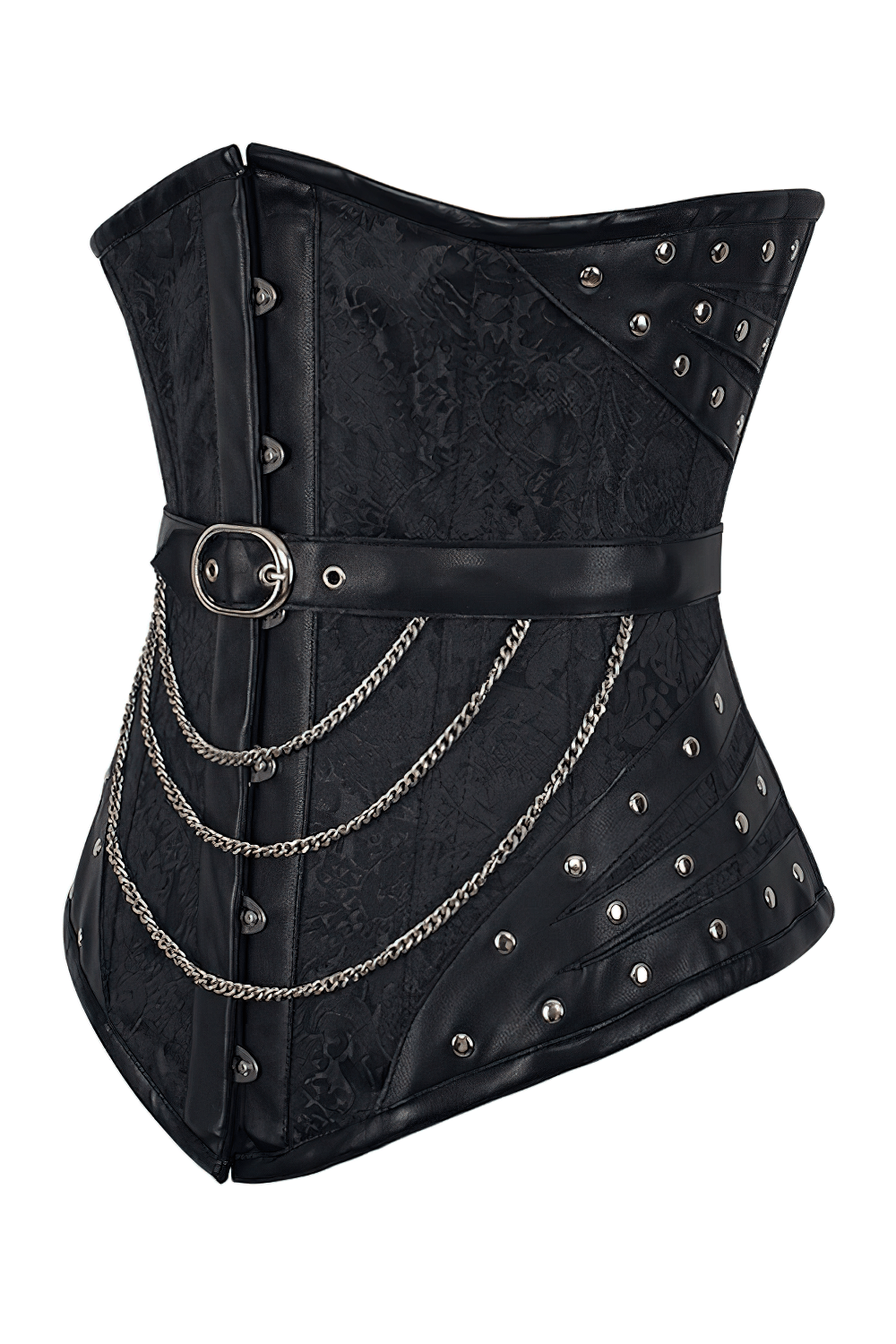 Alt Tag: Black Steampunk Underbust Corset with Chains Detail, black brocade waist trainer with faux leather trim, rivets, buckle belt, draped chains