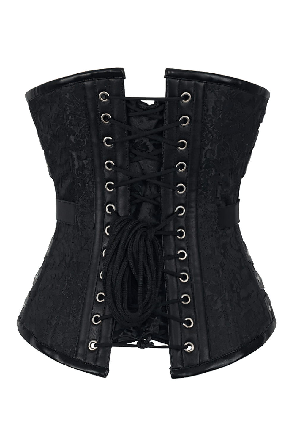 Alt Tag: Black Steampunk Underbust Corset with Chains Detail black gothic Victorian steel-boned waist trainer with lace-up back and brocade panels