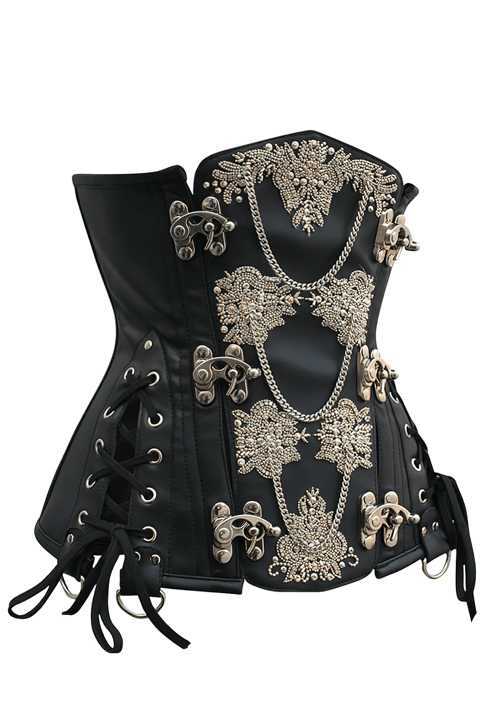 Alt Tag: Black Steampunk Underbust Corset with Embroidered Chain Trim, black gothic waist cincher with gold embroidery, chain drapes, metal clasps