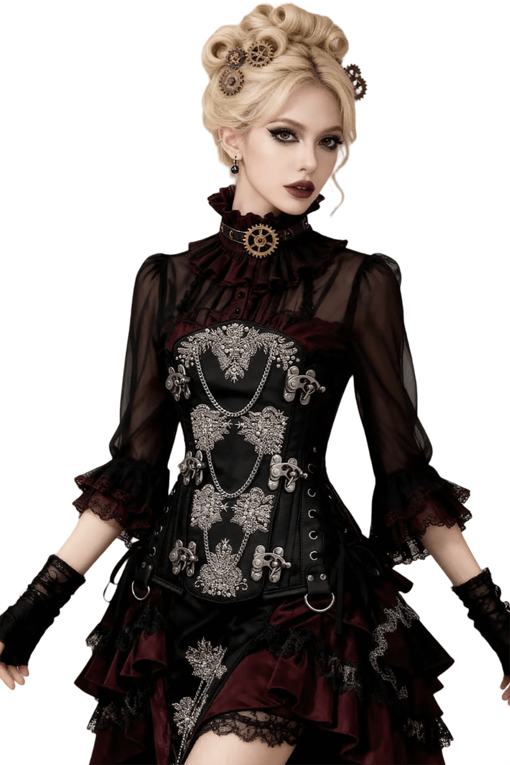 Black Steampunk Underbust Corset with Embroidered Chain Trim on gothic Victorian model, metal clasps, side lacing, festival cosplay look