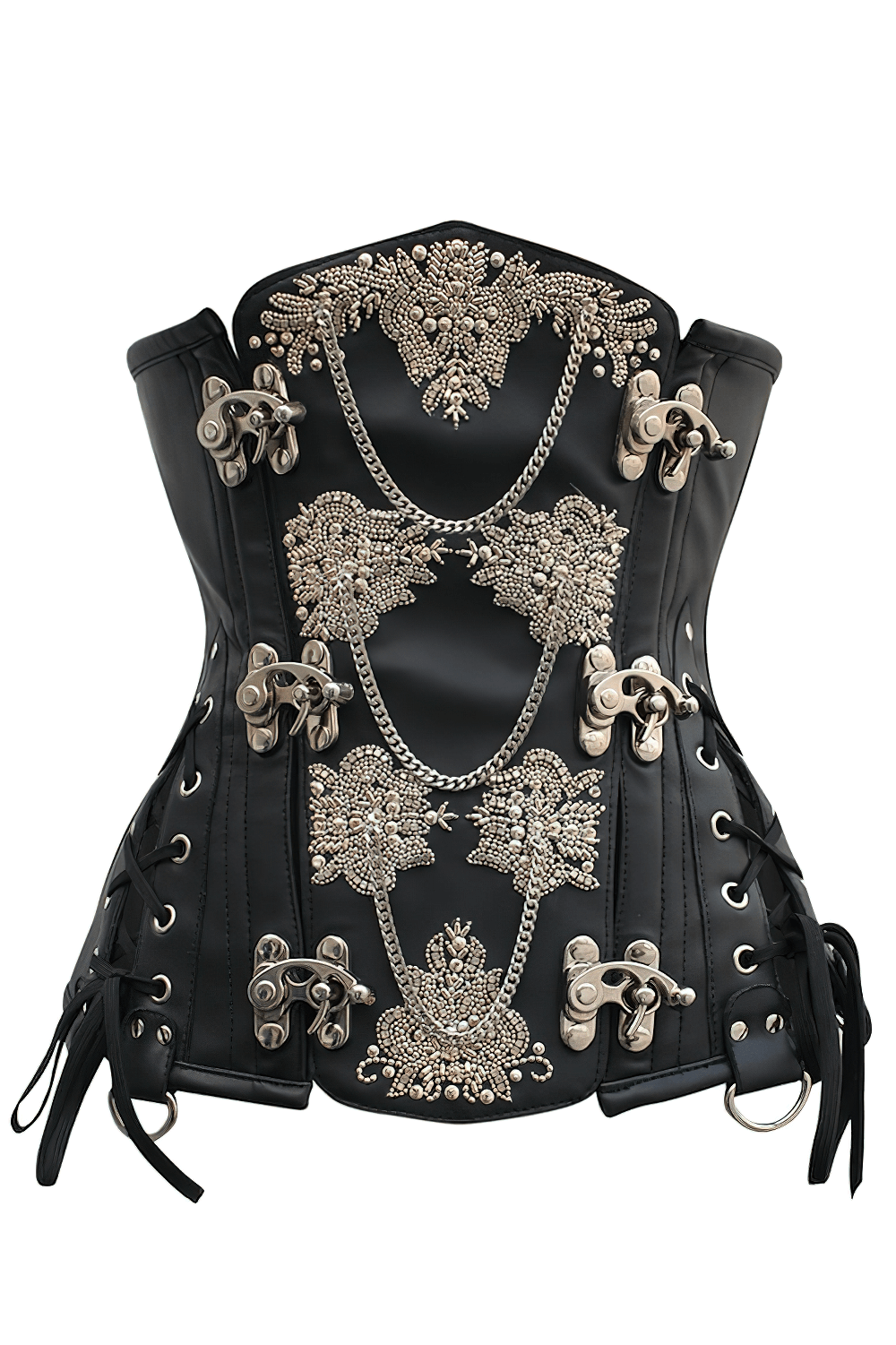Alt Tag: Black Steampunk Underbust Corset with Embroidered Chain Trim with gold embroidery, chain drapes, metal clasps, side lacing