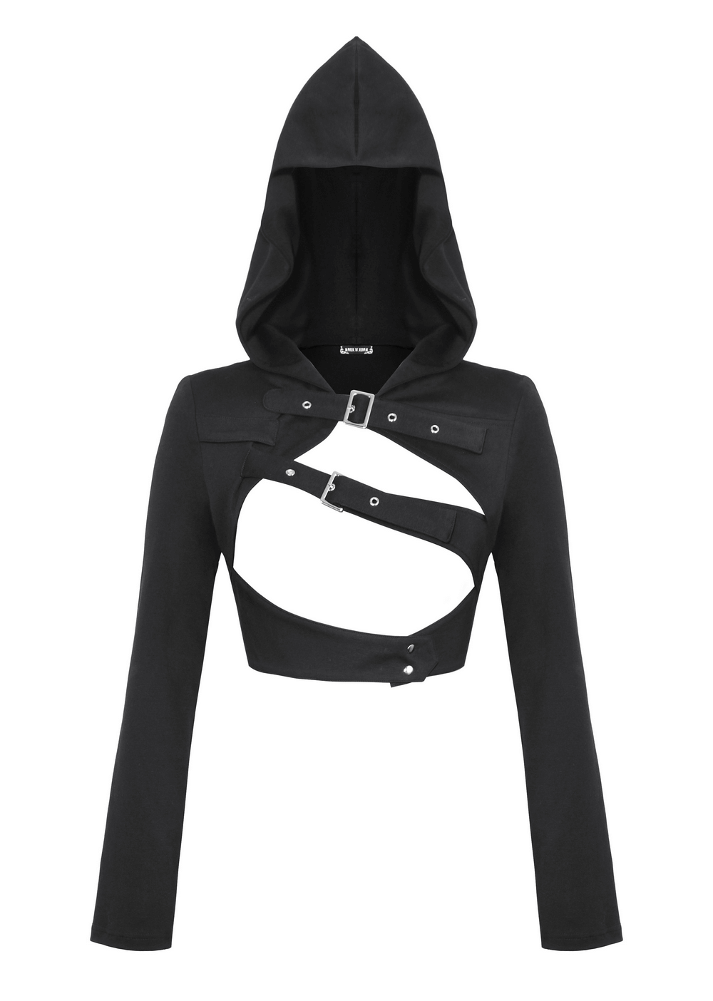 Black strappy hooded crop top with buckle accents and cutouts, perfect for an edgy gothic look.