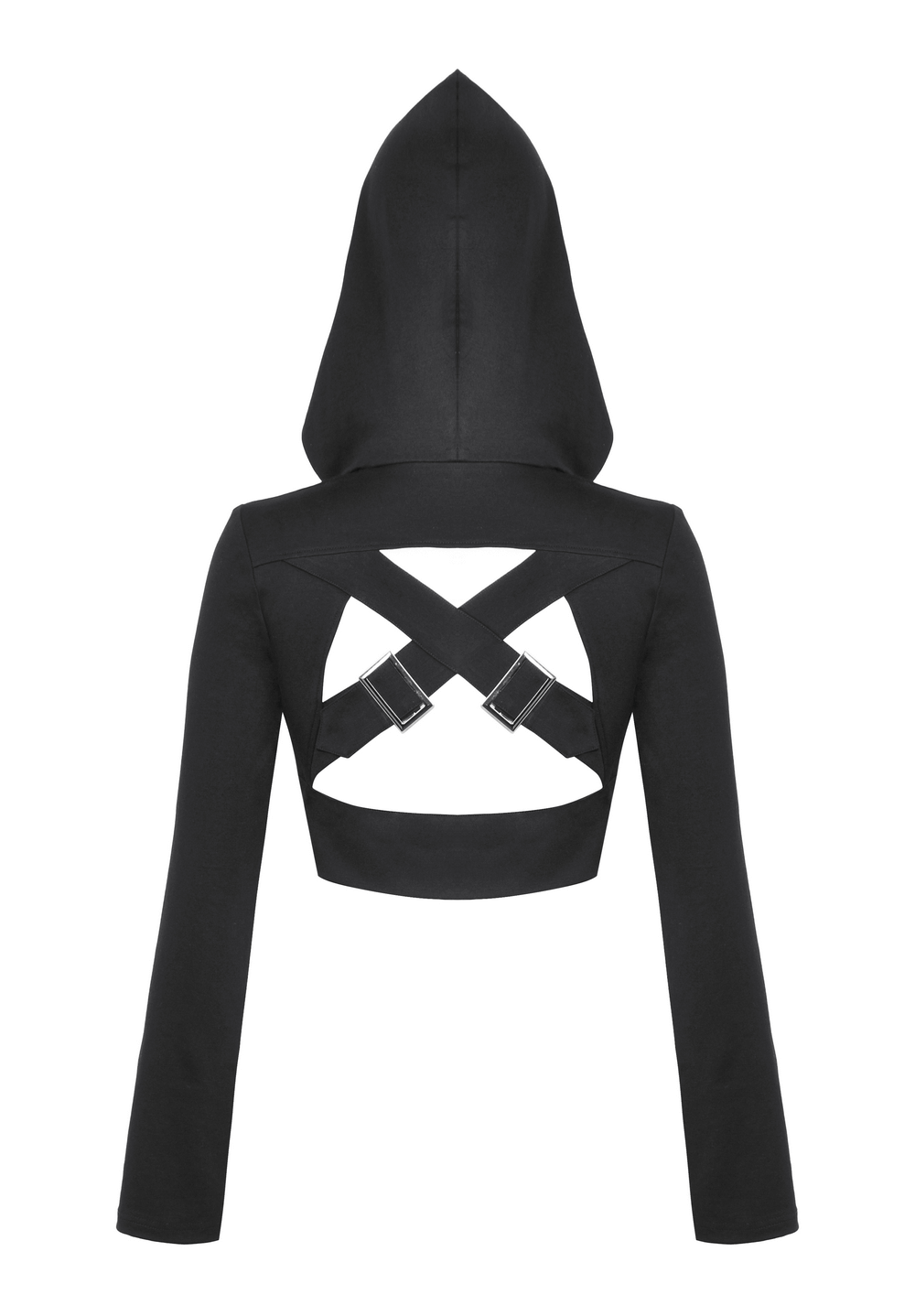 Back view of a black strappy hooded crop top with crisscross straps and buckle accents, showcasing a gothic style.