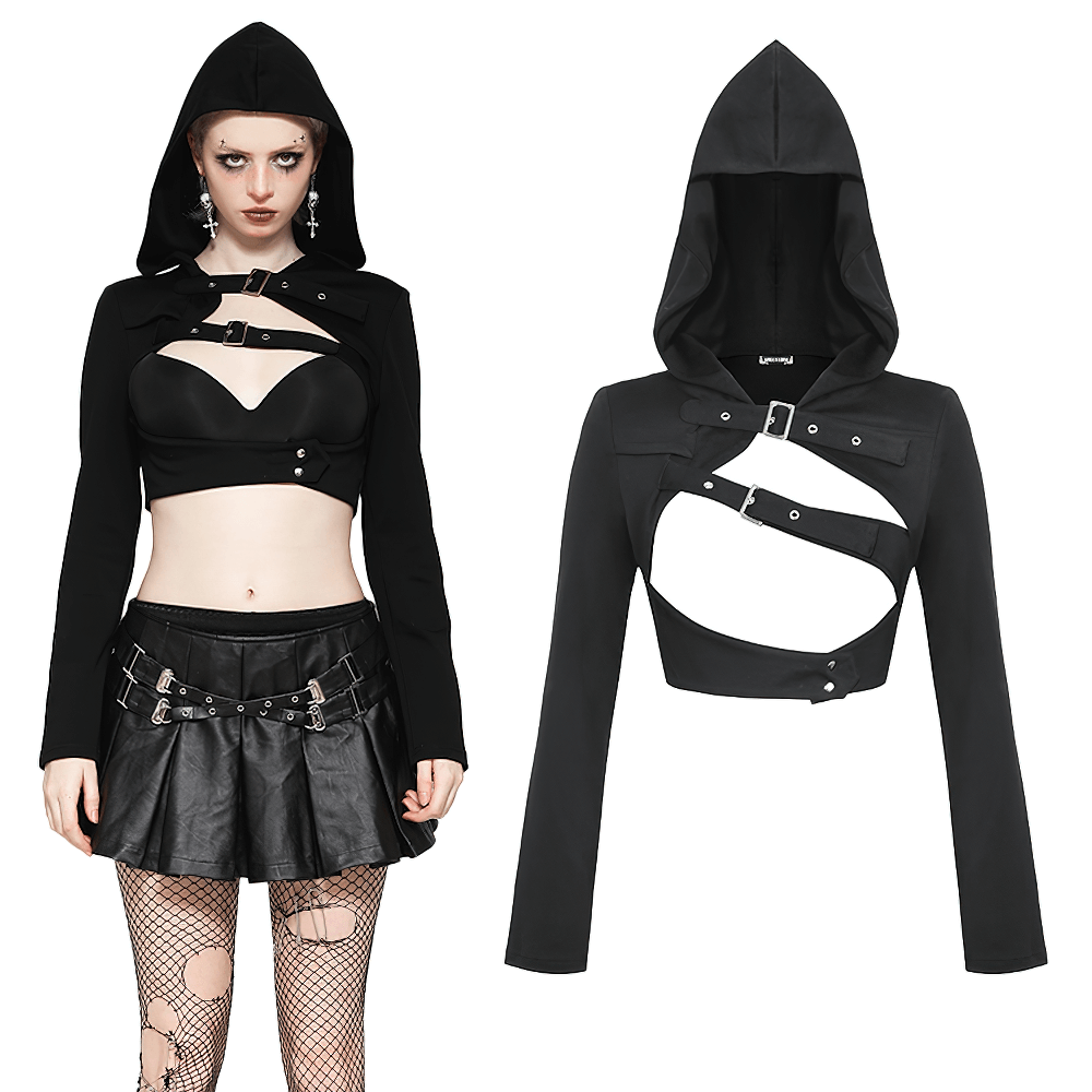 Black strappy hooded crop top with buckle accents and cutouts, perfect for gothic fashion enthusiasts.