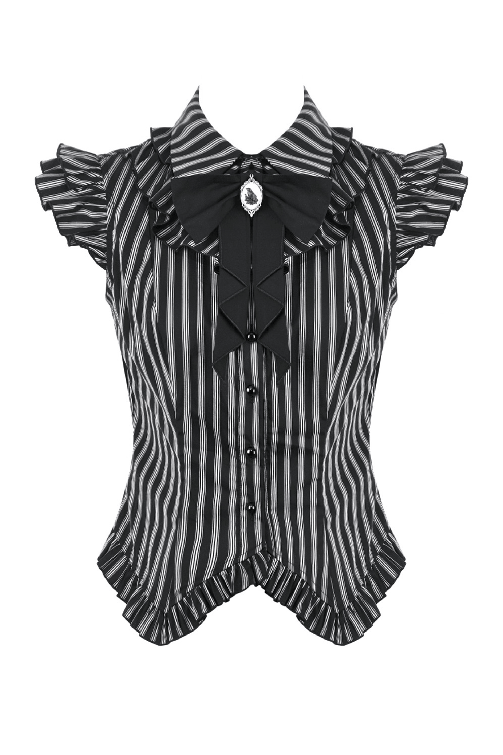 Schwarze gestreifte Gothic-Bluse mit Rüschenärmeln