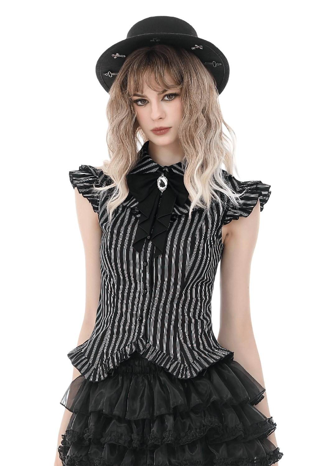Schwarze gestreifte Gothic-Bluse mit Rüschenärmeln