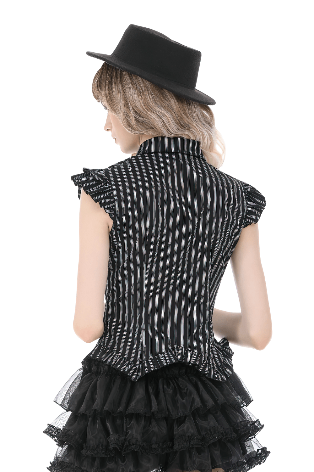 Schwarze gestreifte Gothic-Bluse mit Rüschenärmeln