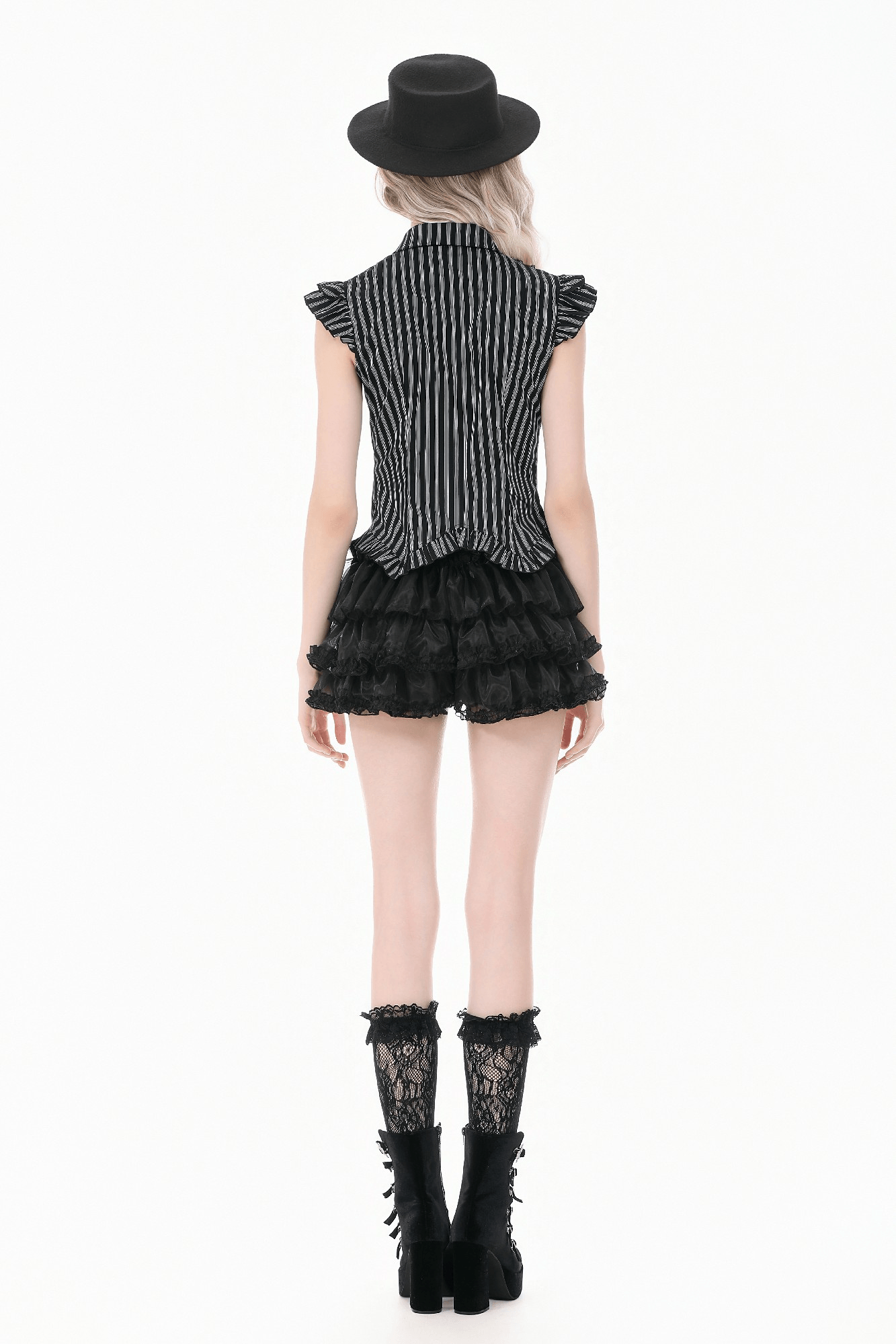 Schwarze gestreifte Gothic-Bluse mit Rüschenärmeln