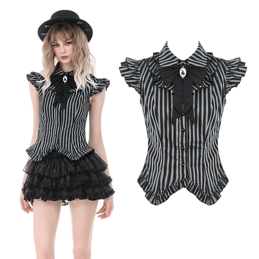 Schwarze gestreifte Gothic-Bluse mit Rüschenärmeln