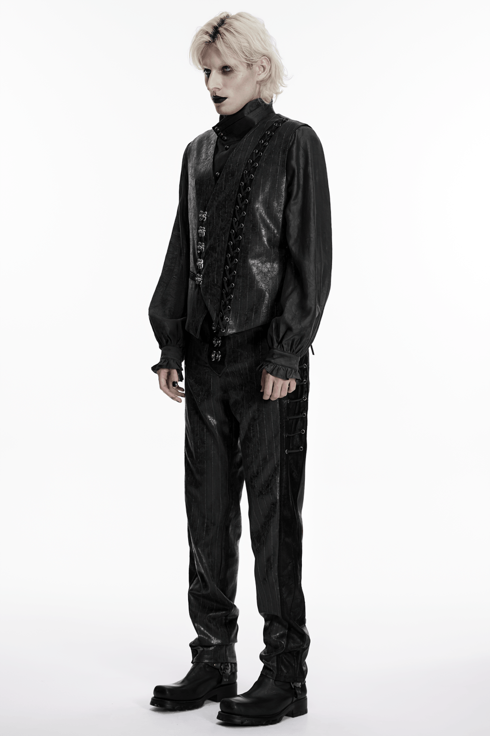 Black Striped Imitation Leather Steampunk Pants modeled by a person in a stylish black outfit.