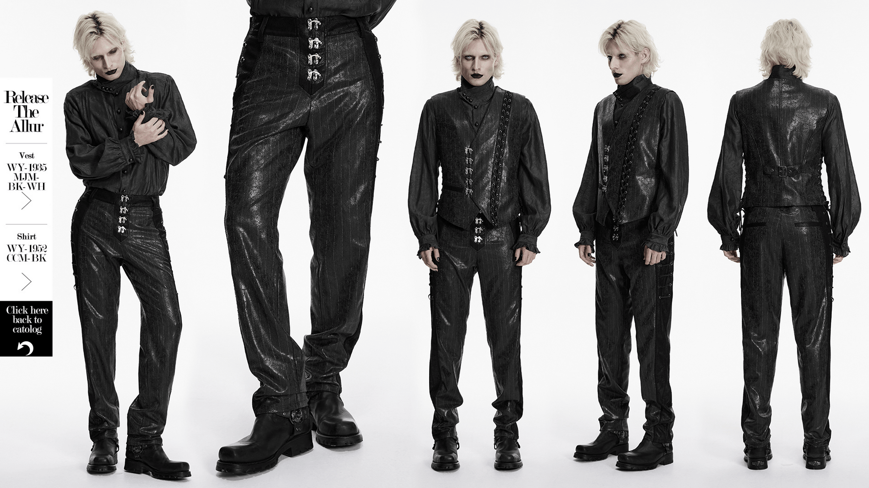 Black Striped Imitation Leather Steampunk Pants displayed from multiple angles on model.