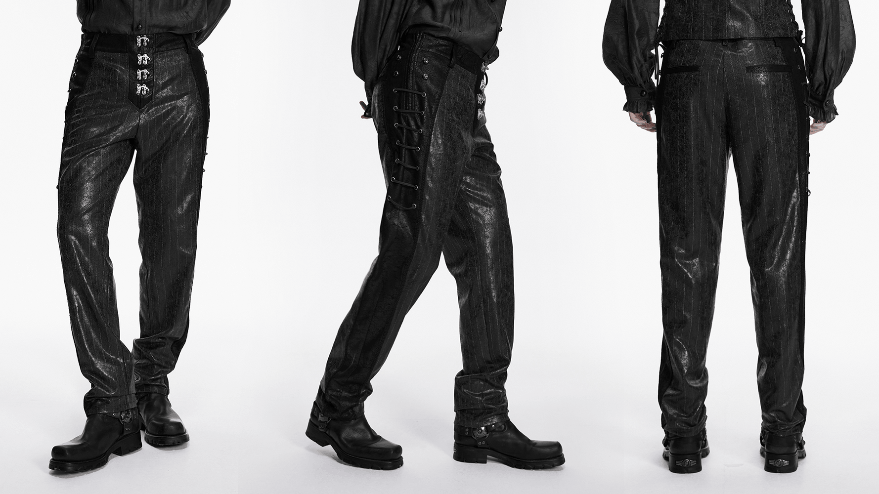 Black Striped Imitation Leather Steampunk Pants showcased from multiple angles.