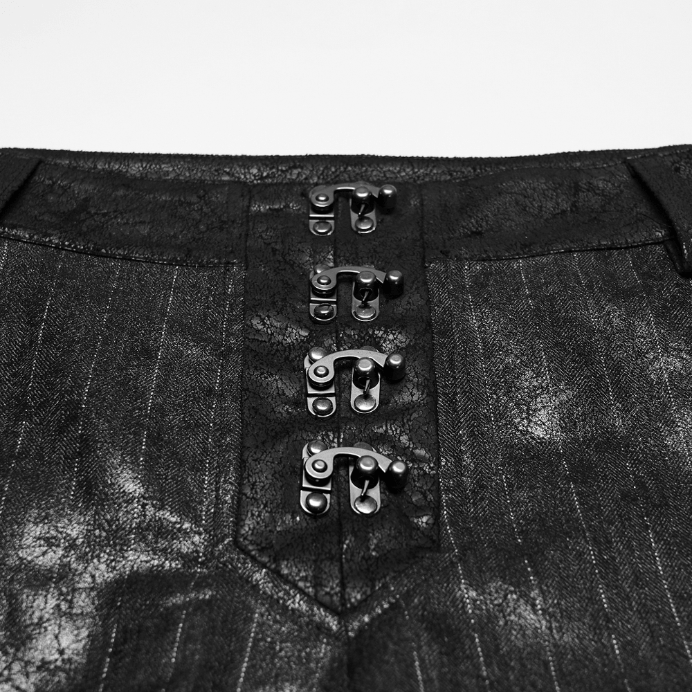 Close-up of the Black Striped Imitation Leather Steampunk Pants showcasing the unique button detail.