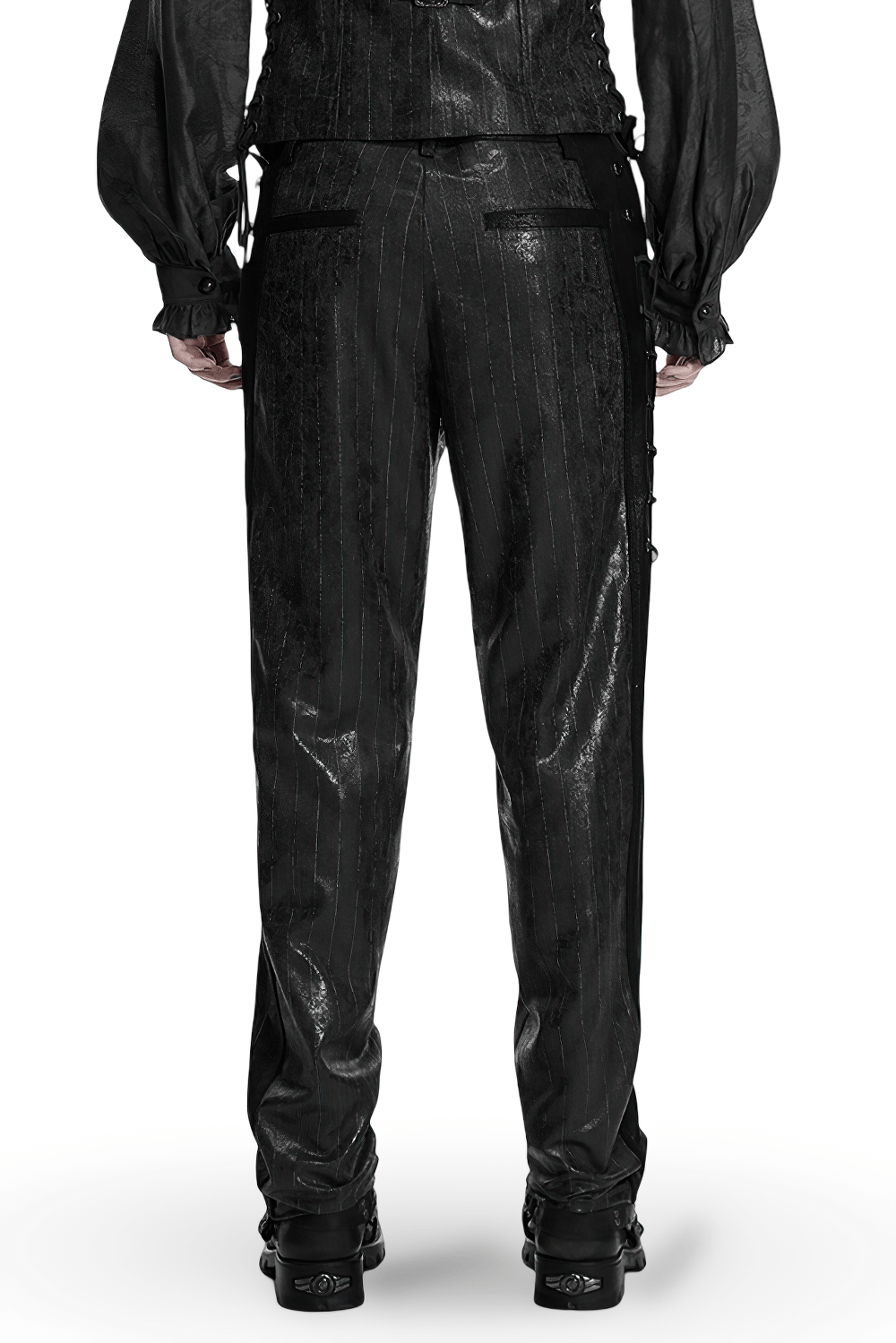 Black Striped Imitation Leather Steampunk Pants showcasing a stylish back view.